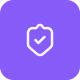 White shield with a checkmark inside on a purple rounded square background.