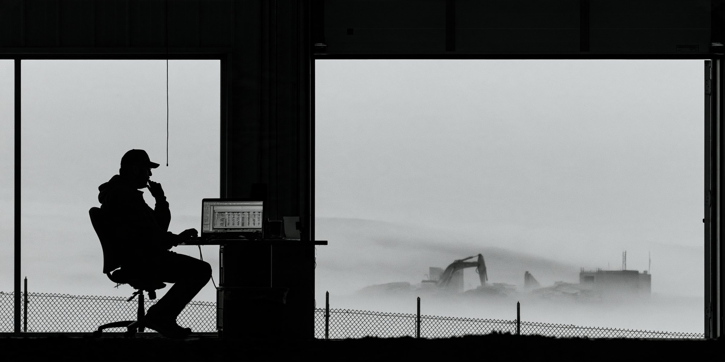A man in a cap sits at a desk in a dark window frame, with excavators working in the fog outside