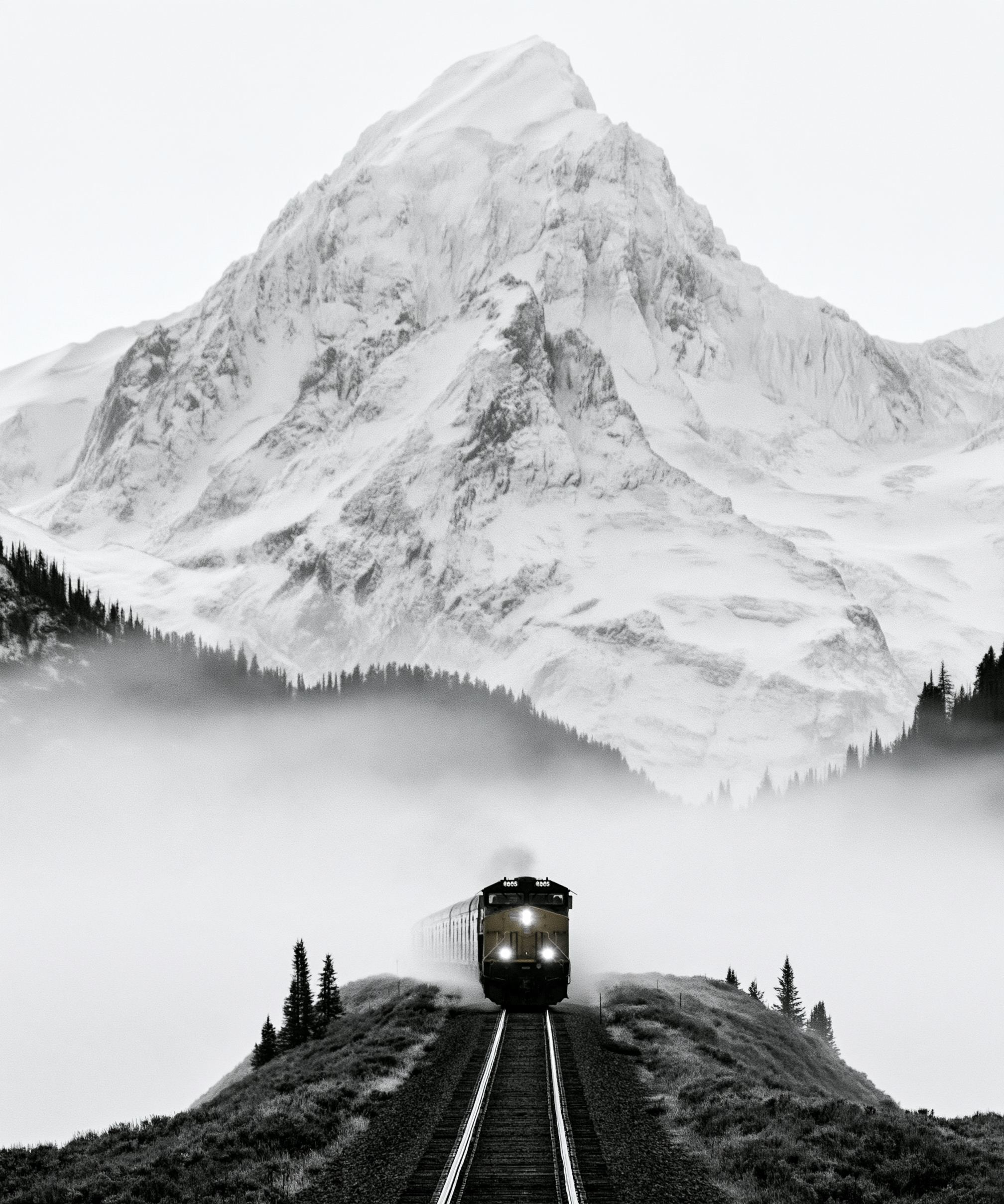 A locomotive with its headlight on, moving along a track toward a snow-covered mountain
