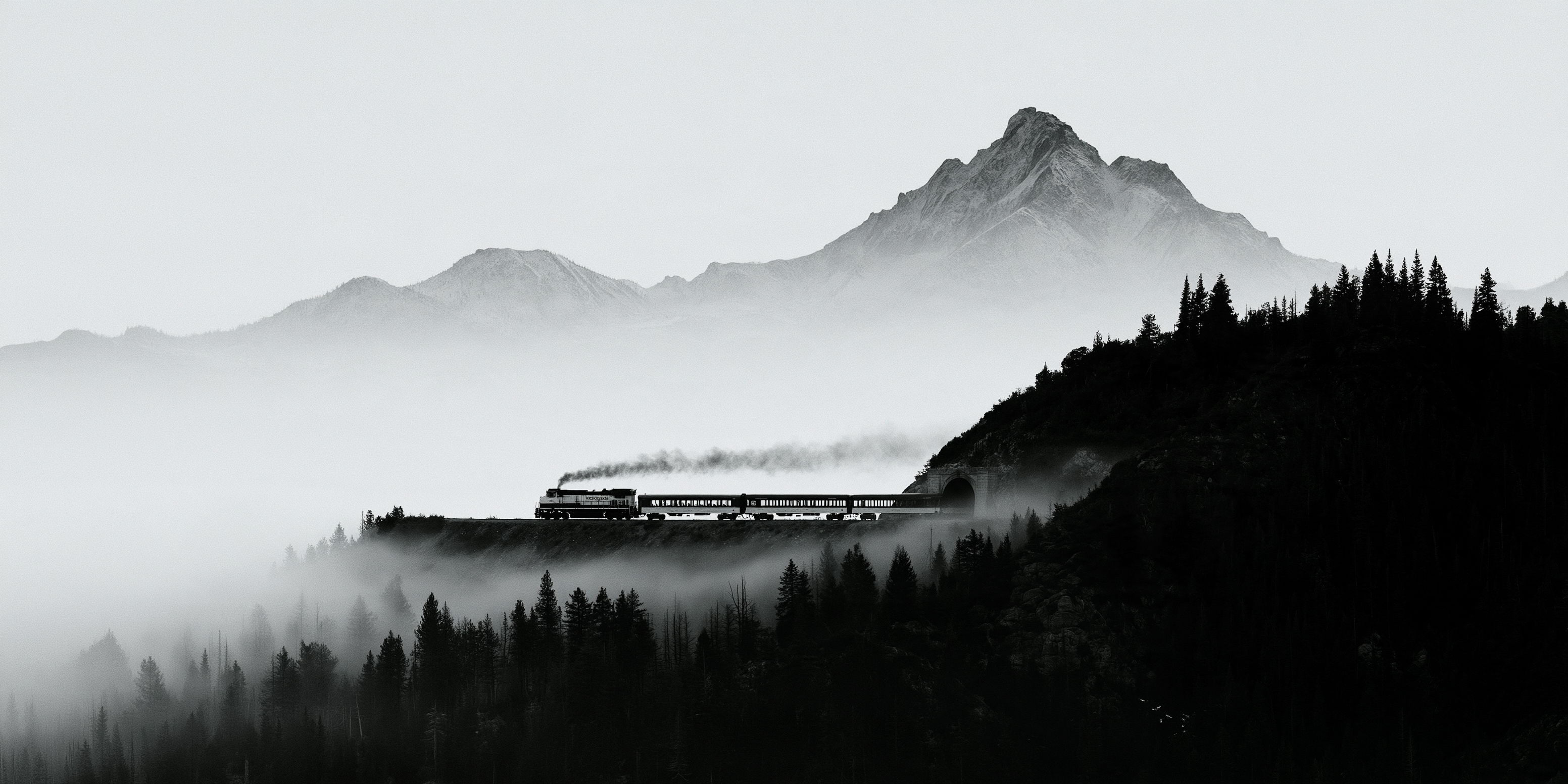 A train crossing a mountainside through mist, a snow-capped peak behind