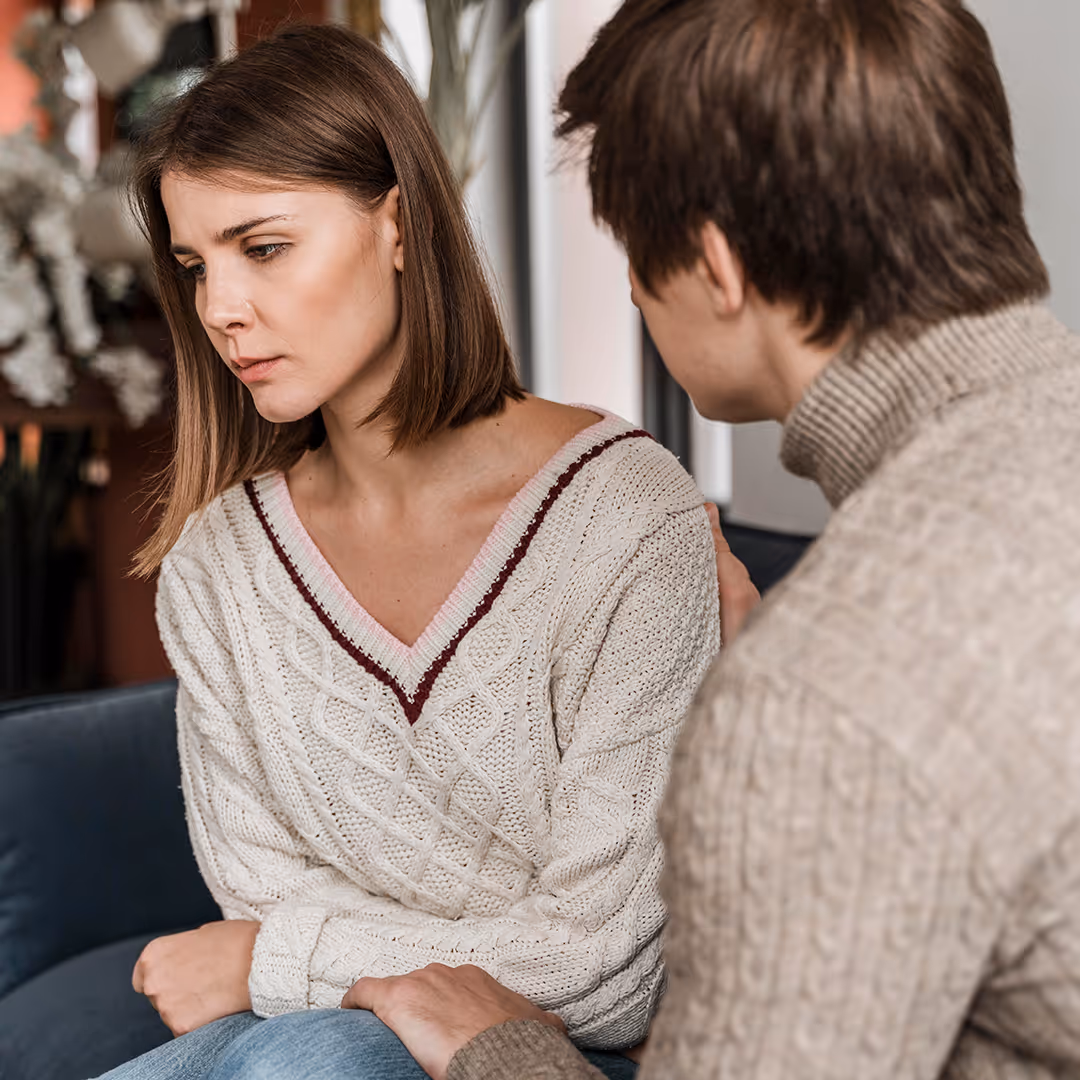 Married couple in an Affair & Betrayal Recovery Counseling session in New Braunfels, TX at Knowing Connection Therapy.