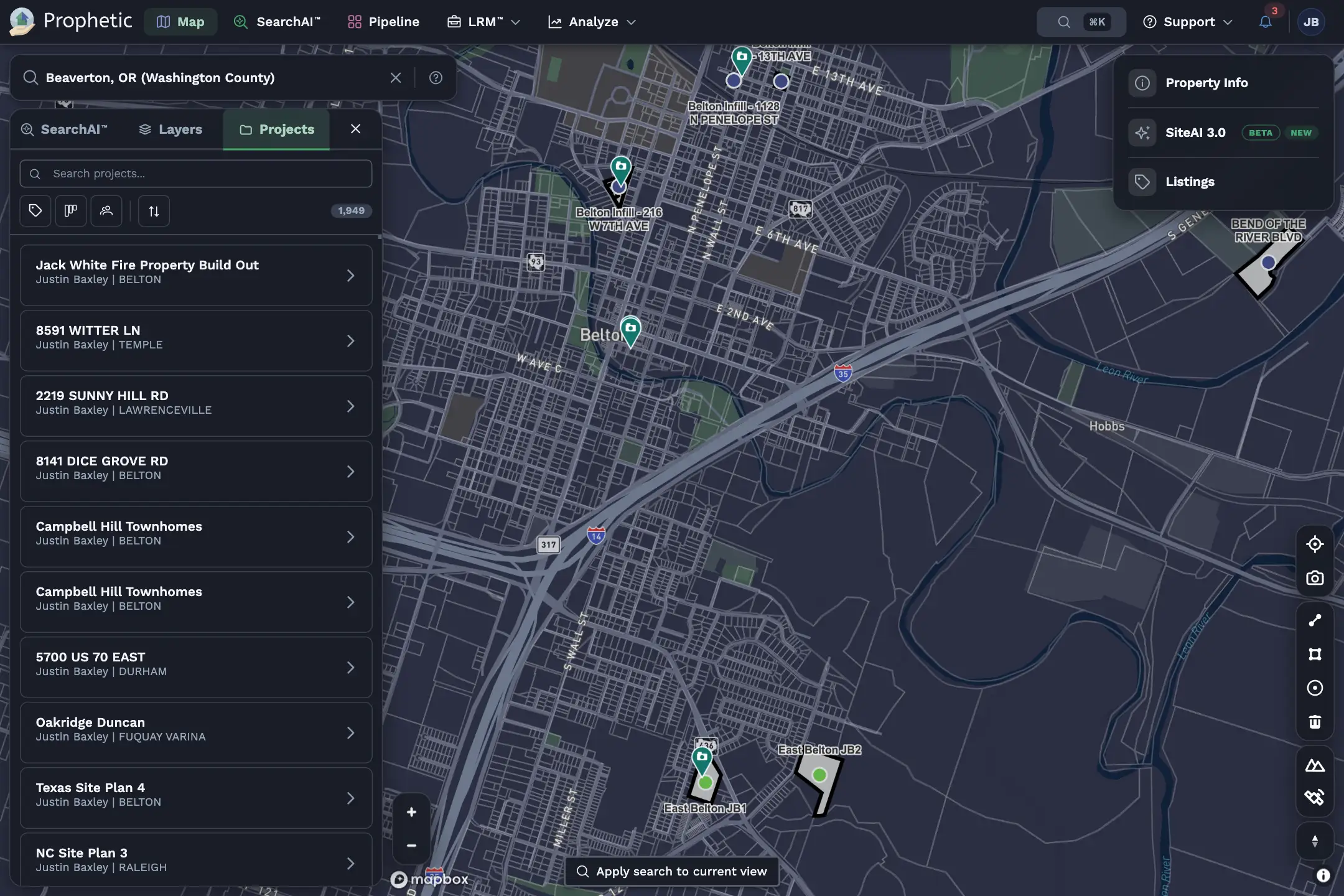 Interactive map showing various real estate projects with a highlighted tooltip for a project under contract.