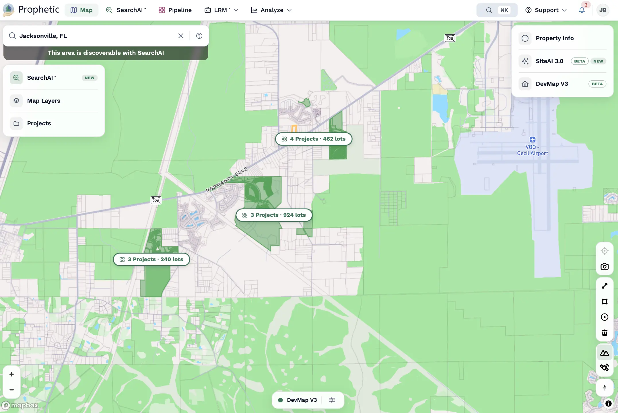 A satellite map interface showing a residential area with outlined property parcels and real estate data, alongside filters and map legend.