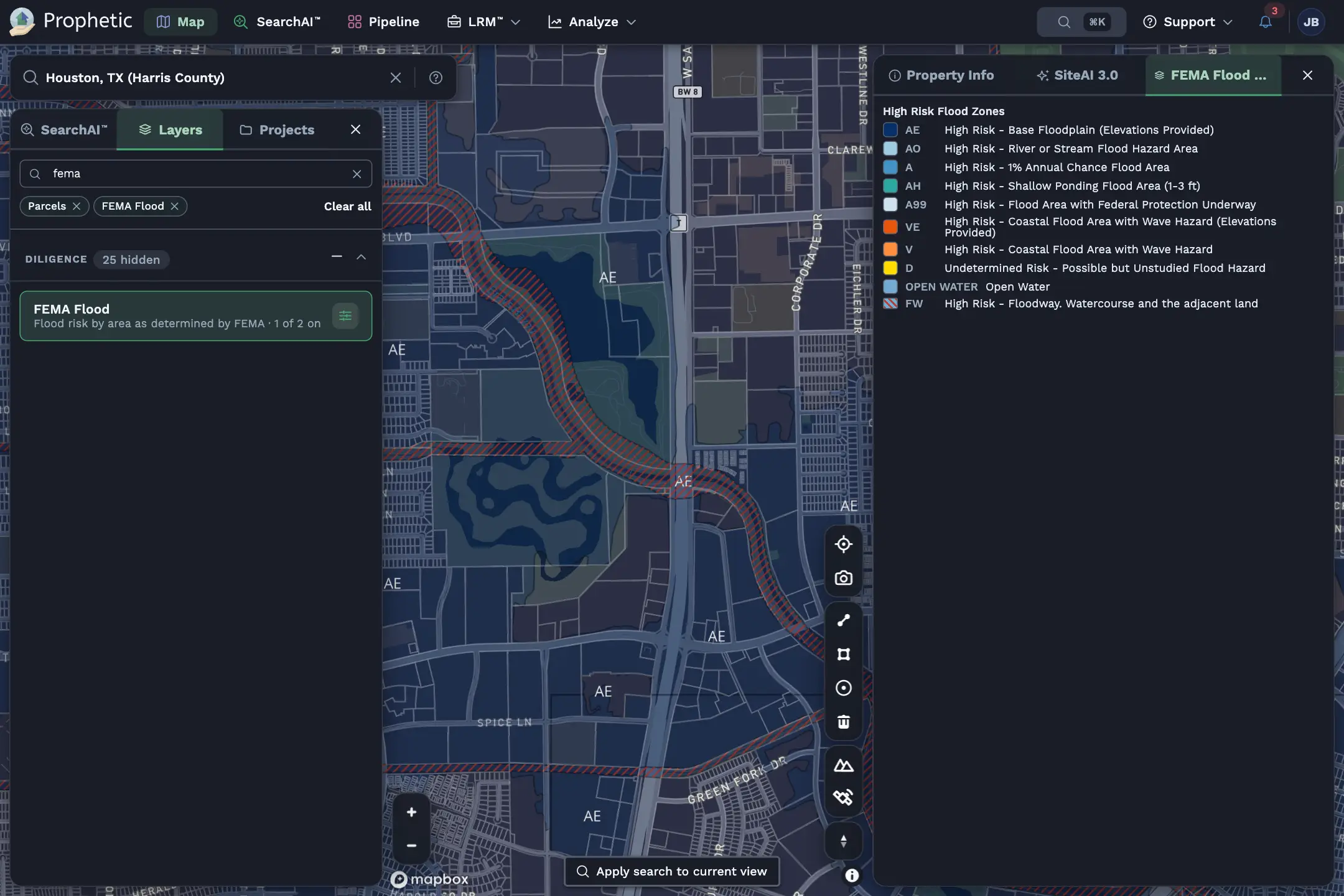 Interactive map displaying area with highlighted endangered species habitat, power transmission lines, and zoning information including flood control details.