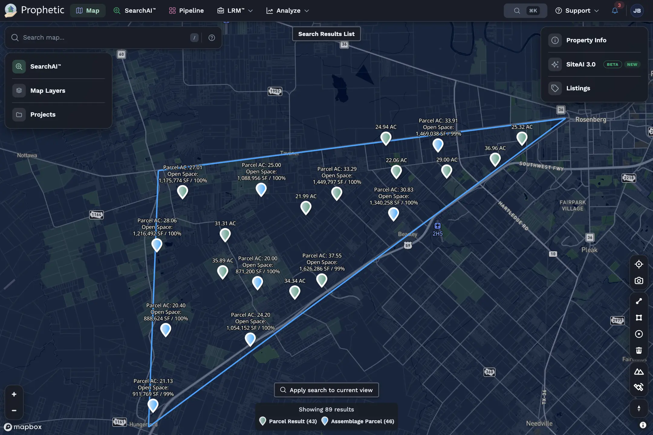 Interactive map showing parcel boundaries and estimated property values, with color-coded regions, parcel data points, and a sidebar menu featuring map layers and market filters.