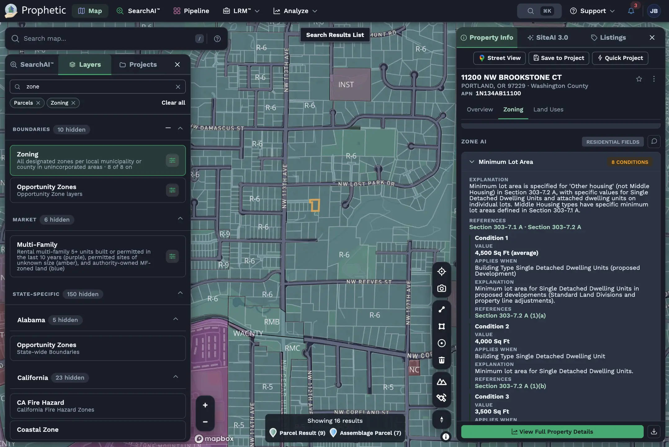 Map interface showing a residential zoning area with parcel boundaries and measurements, alongside zoning and property info details.