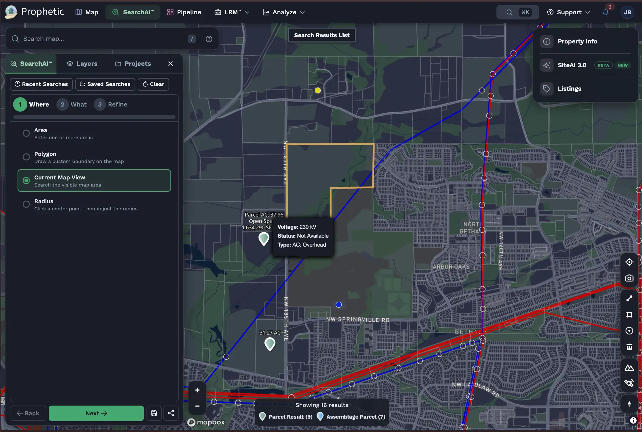 Interactive map showing endangered species habitats in San Bernardino, California, with superimposed features including Texas pipelines, power transmission lines, zoning information, and property details for a site in San Bernardino County.