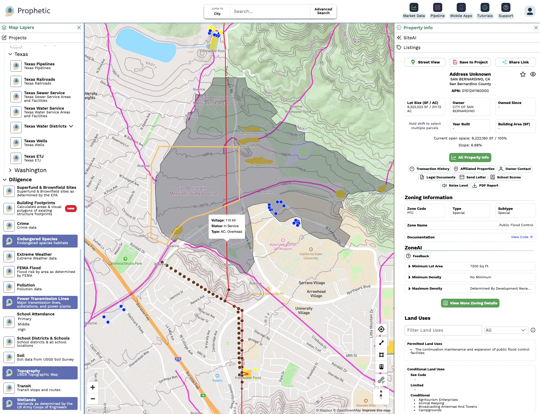 Interactive map showing endangered species habitats in San Bernardino, California, with superimposed features including Texas pipelines, power transmission lines, zoning information, and property details for a site in San Bernardino County.