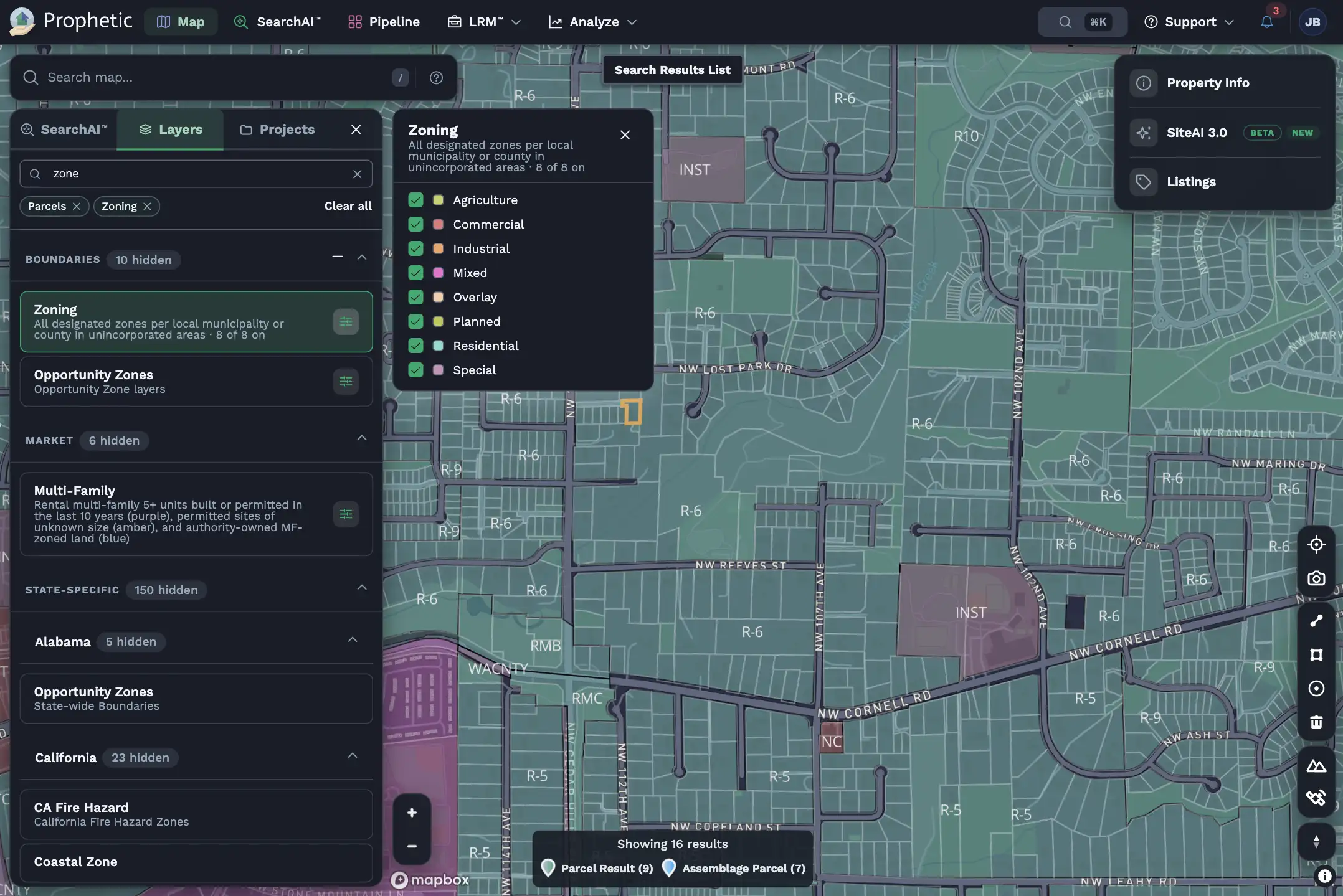 Detailed interactive map showing zoning designations, parcel boundaries, and city limits with side panels for map layers, market data, and state-specific information.