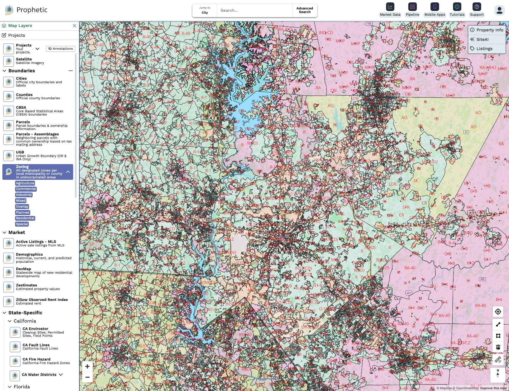 Detailed interactive map showing zoning designations, parcel boundaries, and city limits with side panels for map layers, market data, and state-specific information.