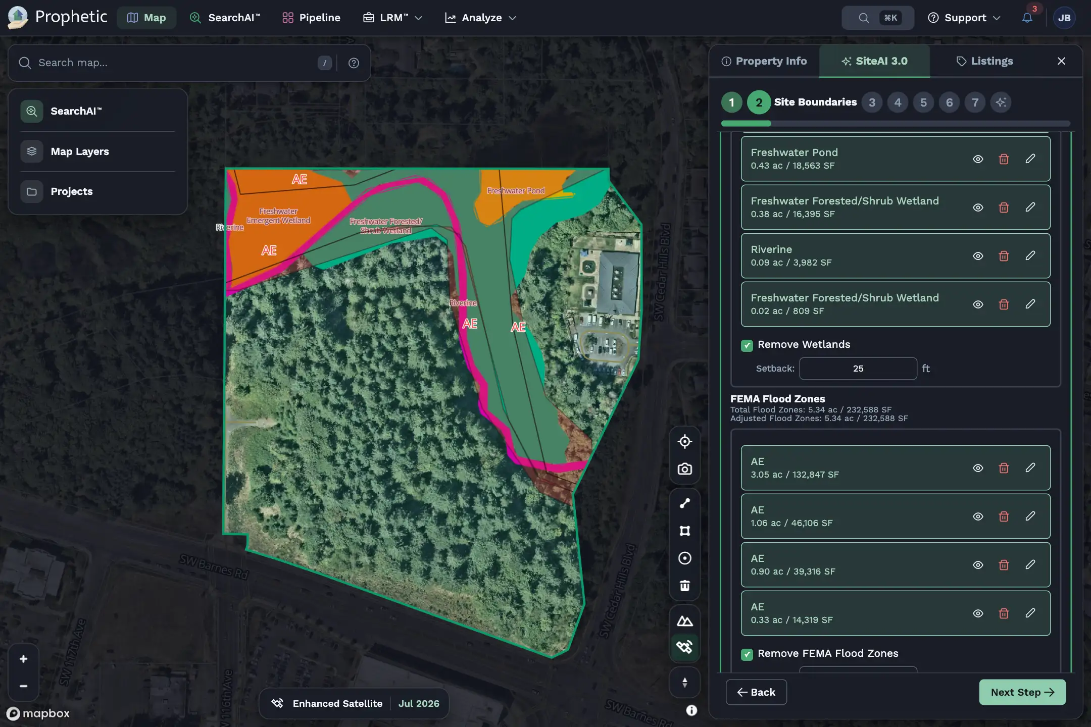 SiteAI interface with a map showing site boundaries including wetlands and FEMA flood zones, with options to adjust or remove these areas and a 'Next Step' button.
