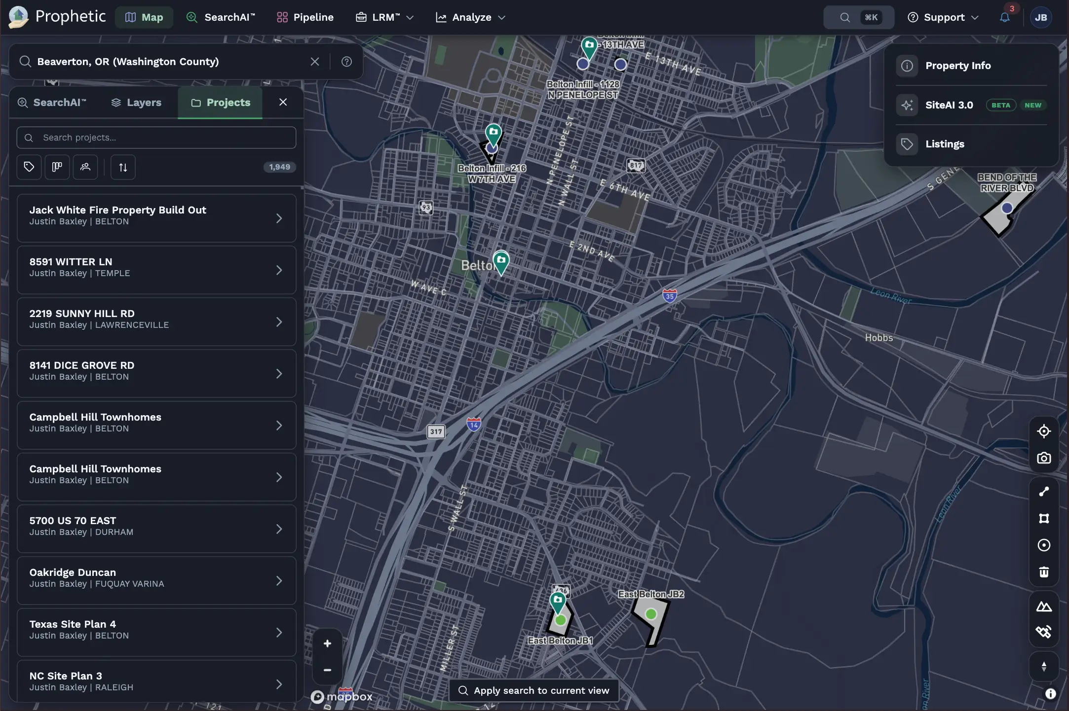 Interactive map of showing real estate projects with colored dots indicating stages, a popup detailing an 'Under Contract' project.
