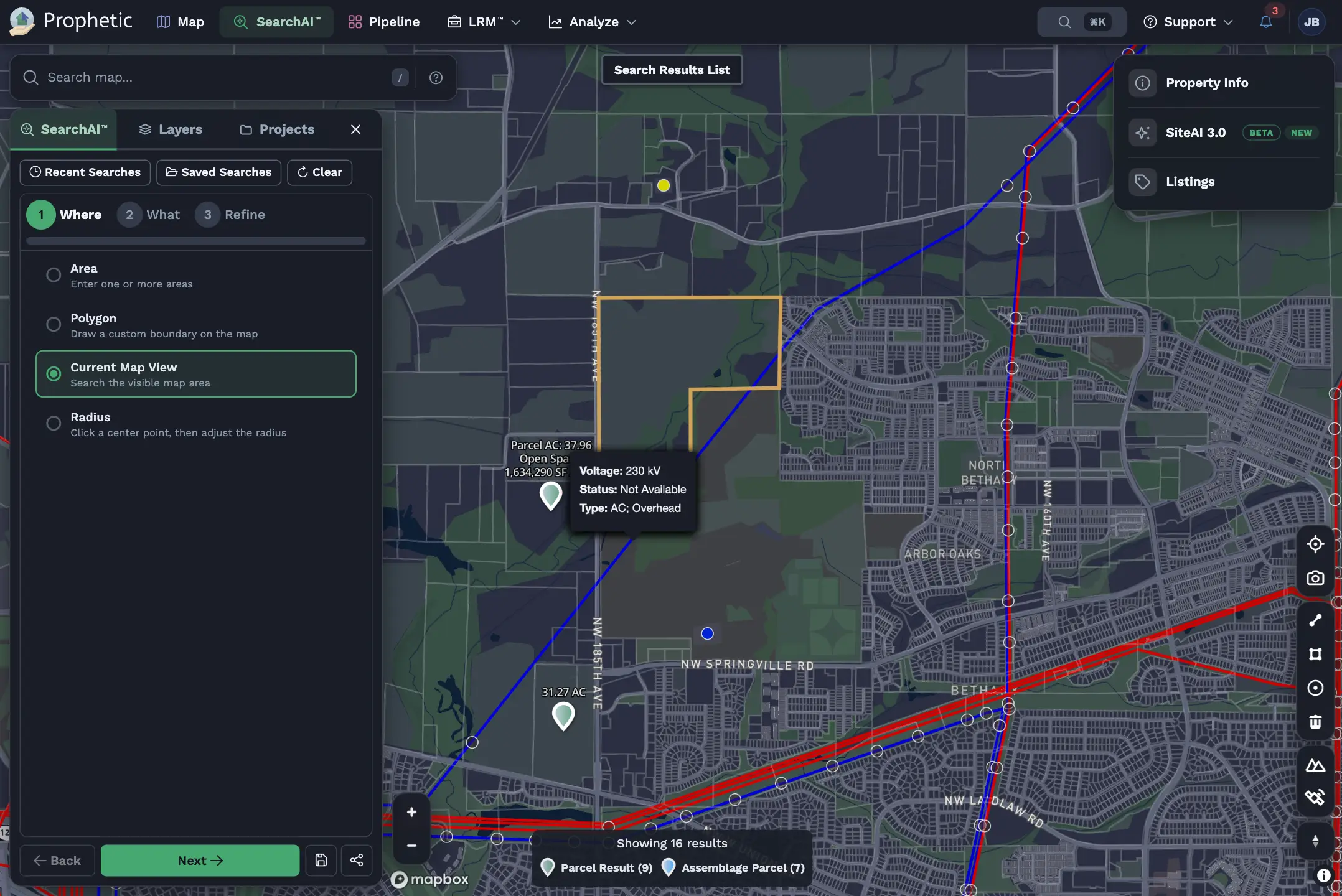 Interactive map showing endangered species habitat with power transmission lines and local landmarks.