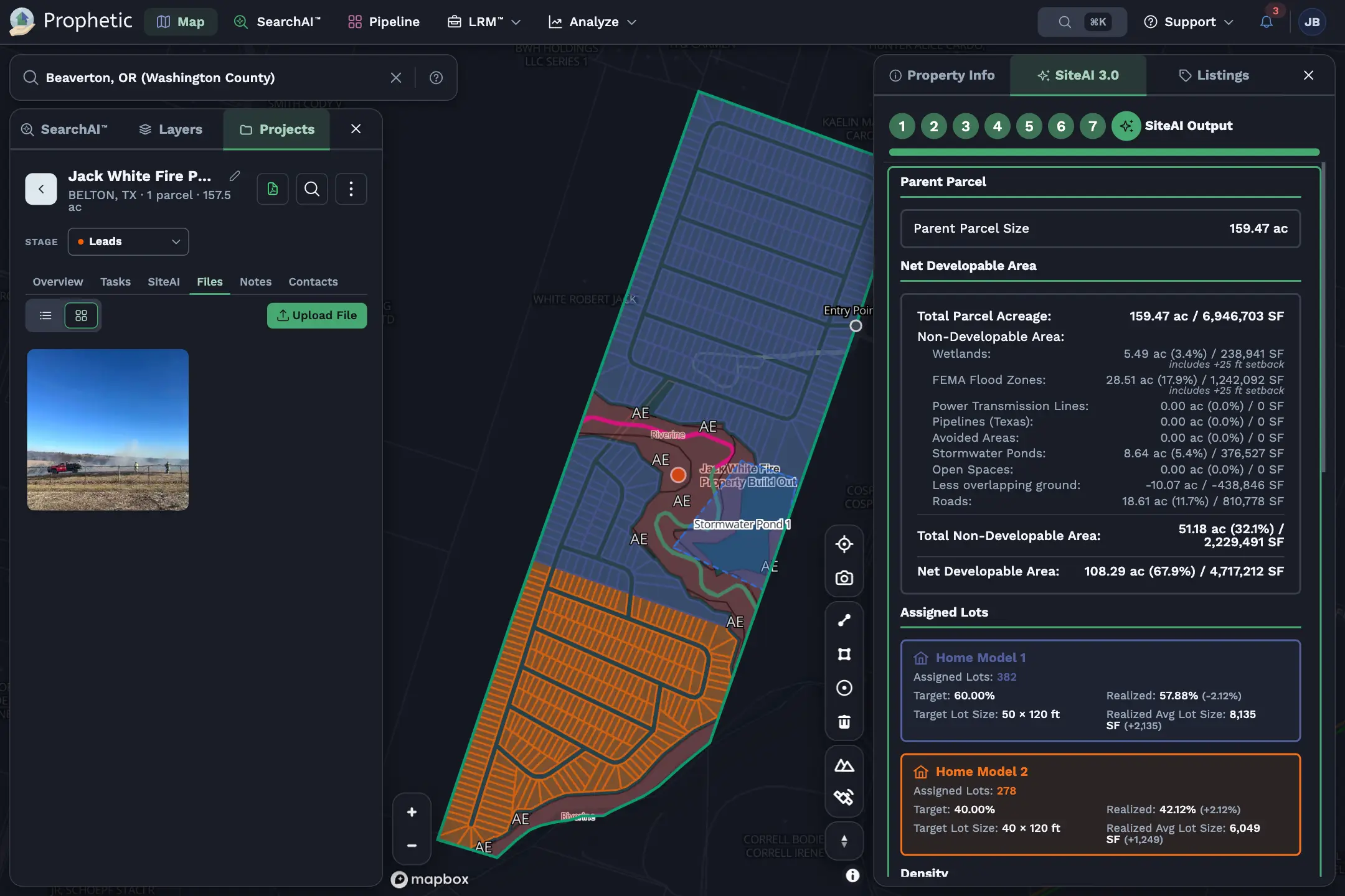 Screenshot of a project management interface showing a map with a highlighted residential area near Freshwater Pond and Freshwater Emergent Wetland, with options to upload files, export PDF, and view SiteAI results.