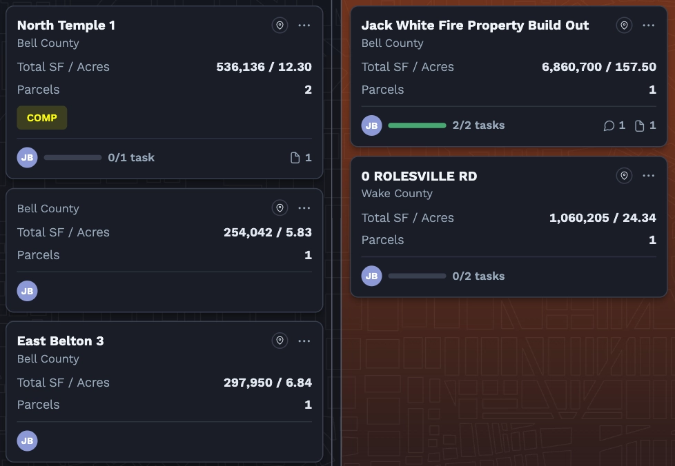 Multiple real estate property listings showing parcel count, total square footage and acres, county, total lots, estimated purchase price, purchase contract dates, project owner, and creator details.