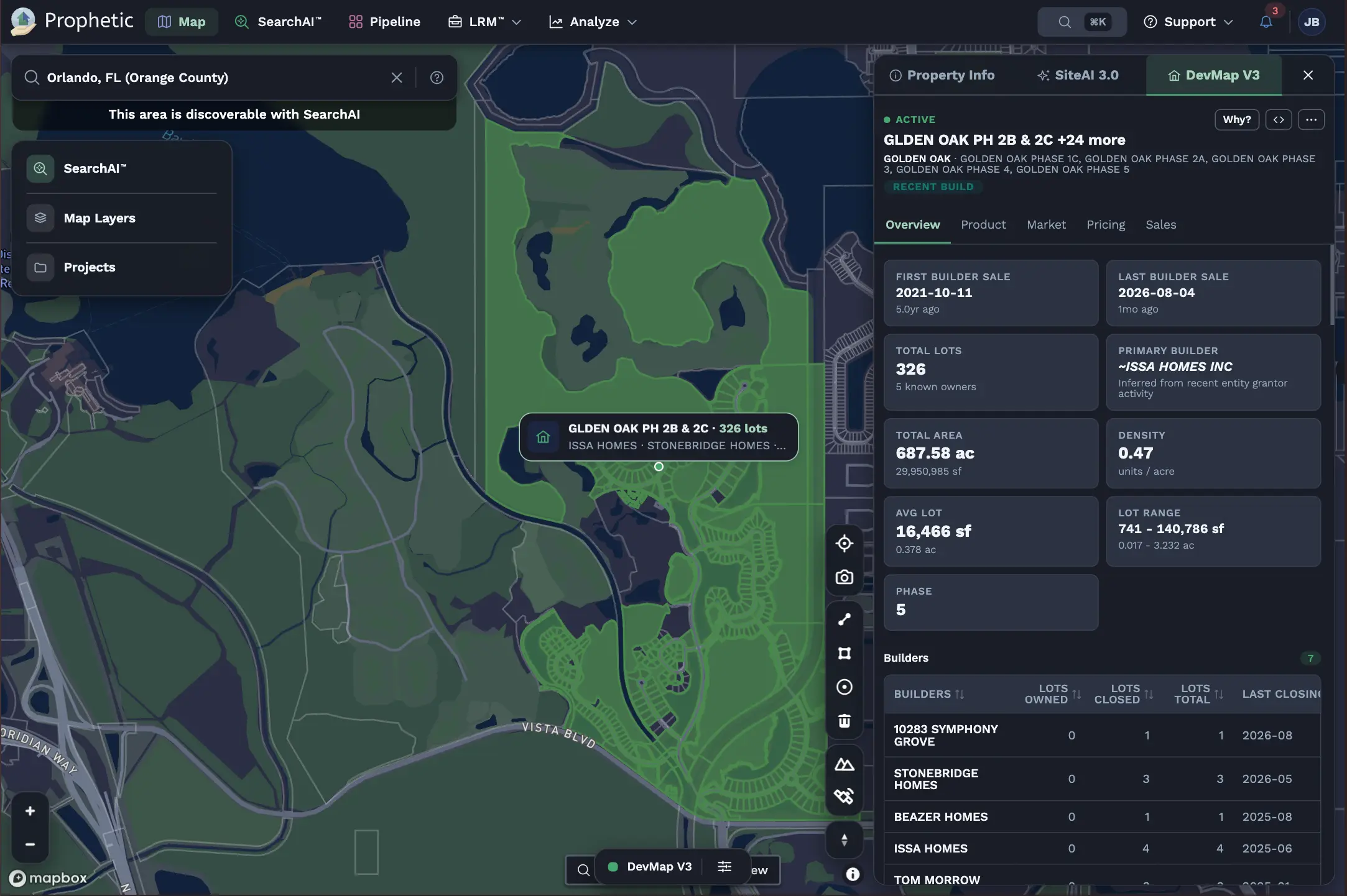 Map showing locations of residential developers in a suburban area with markers and labels for developers.