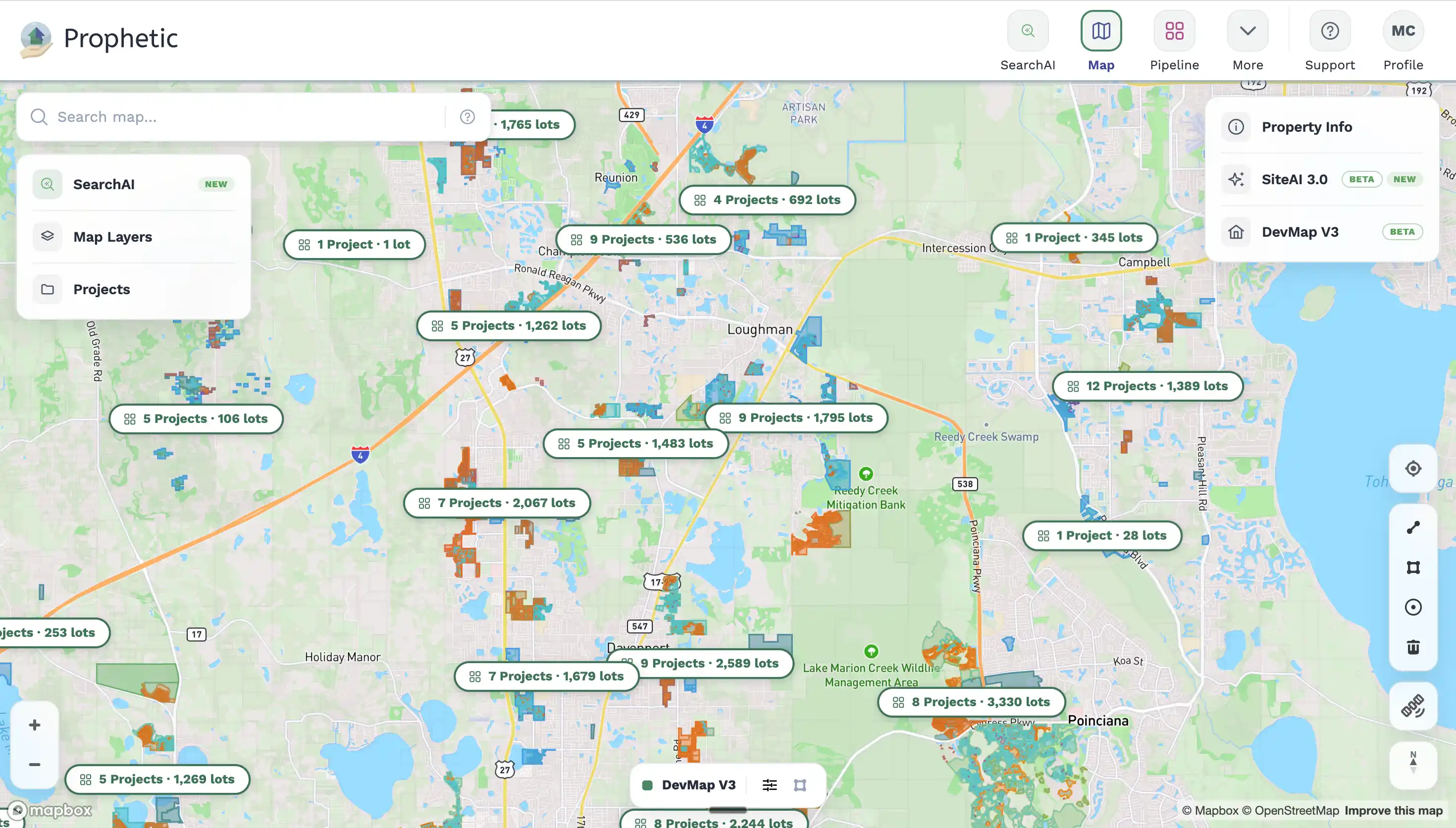 Map of surrounding areas with clusters of green dots indicating specific locations, major roads, and notable places.