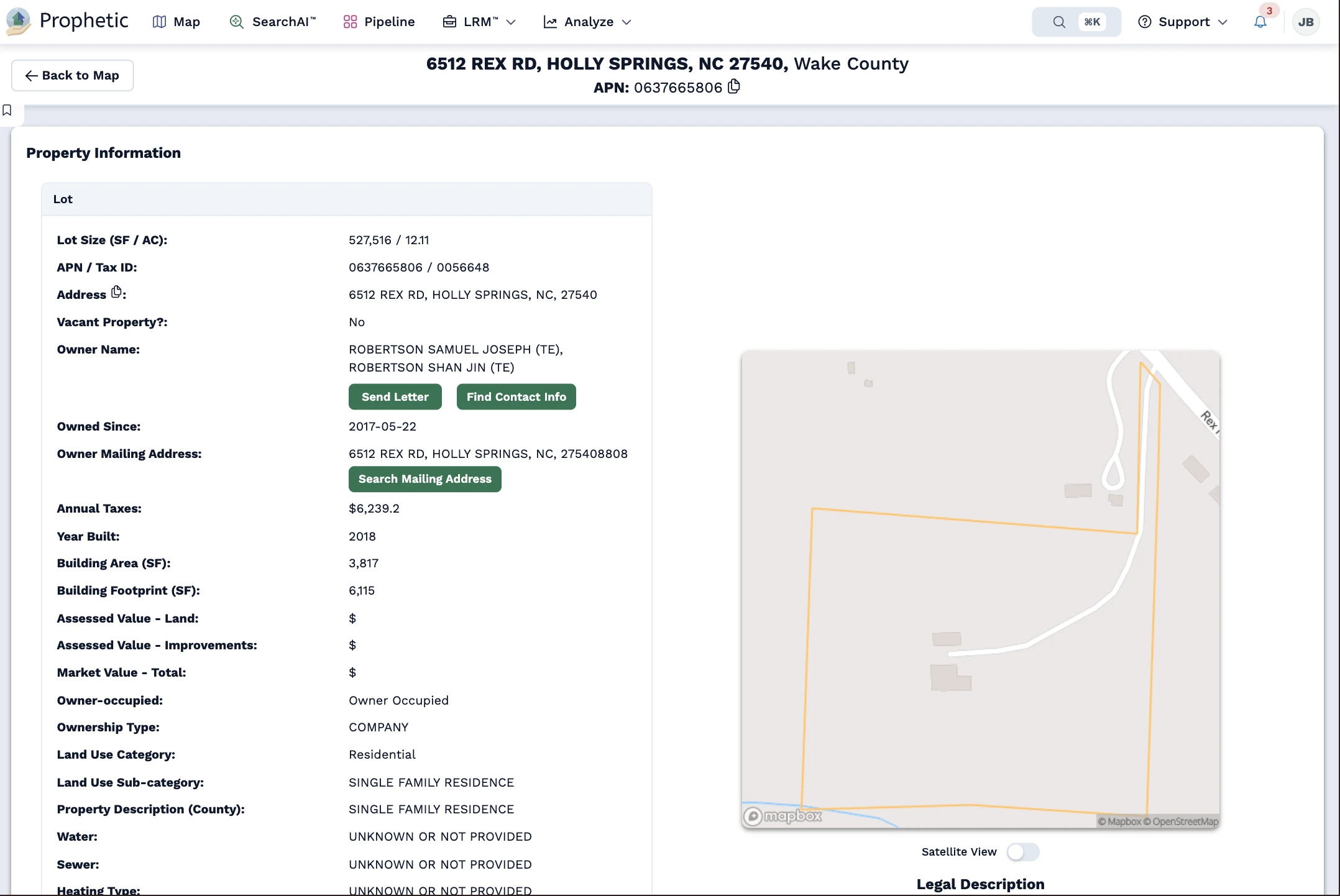Property information table listing lot size, APN/Tax ID, address, owner names, ownership details, taxes, building areas, assessed and market values, tax exemption, occupancy status, ownership type, land use category, and property description.