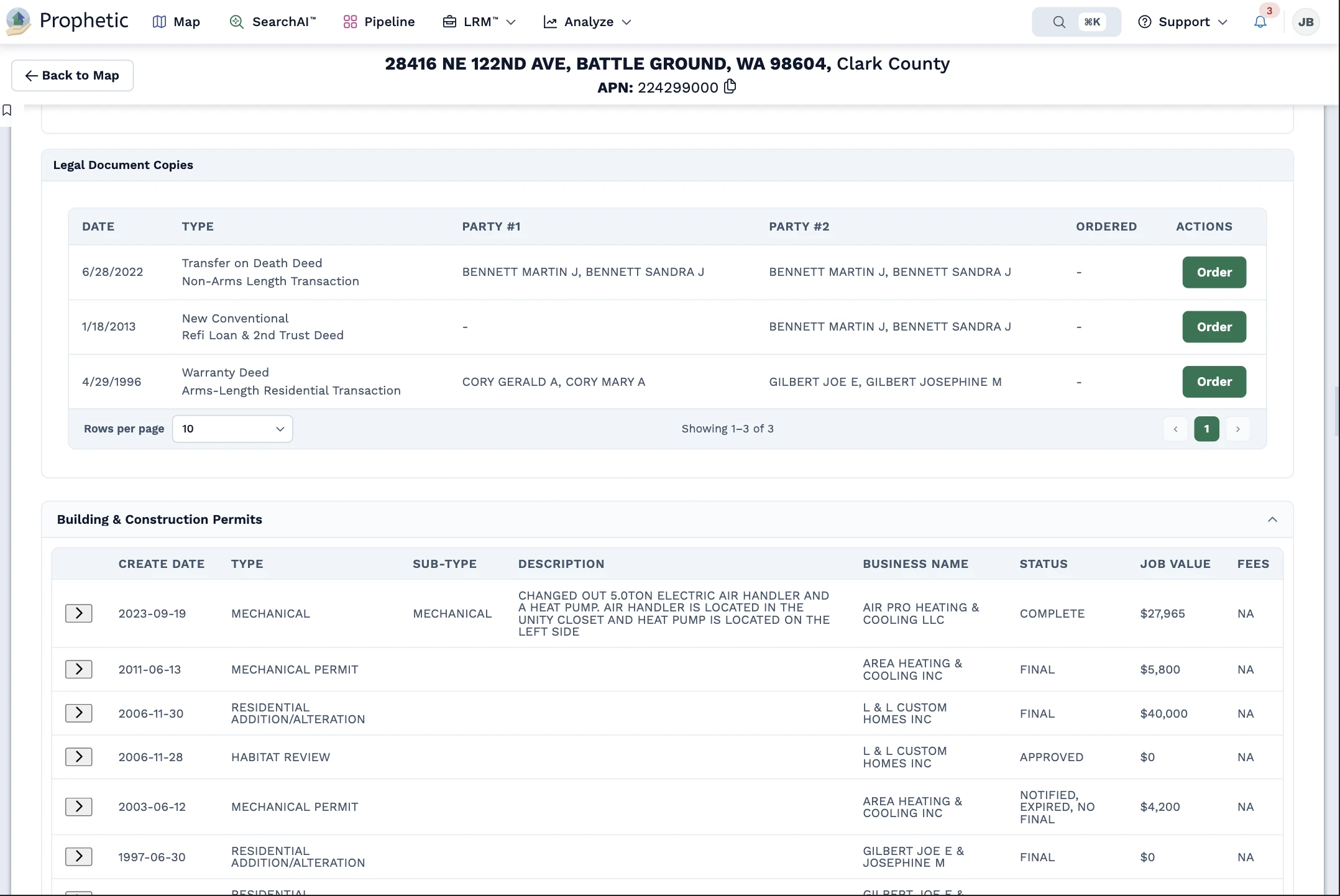 Table titled Legal Document Copies listing three entries with dates and types each with descriptive subtitles.