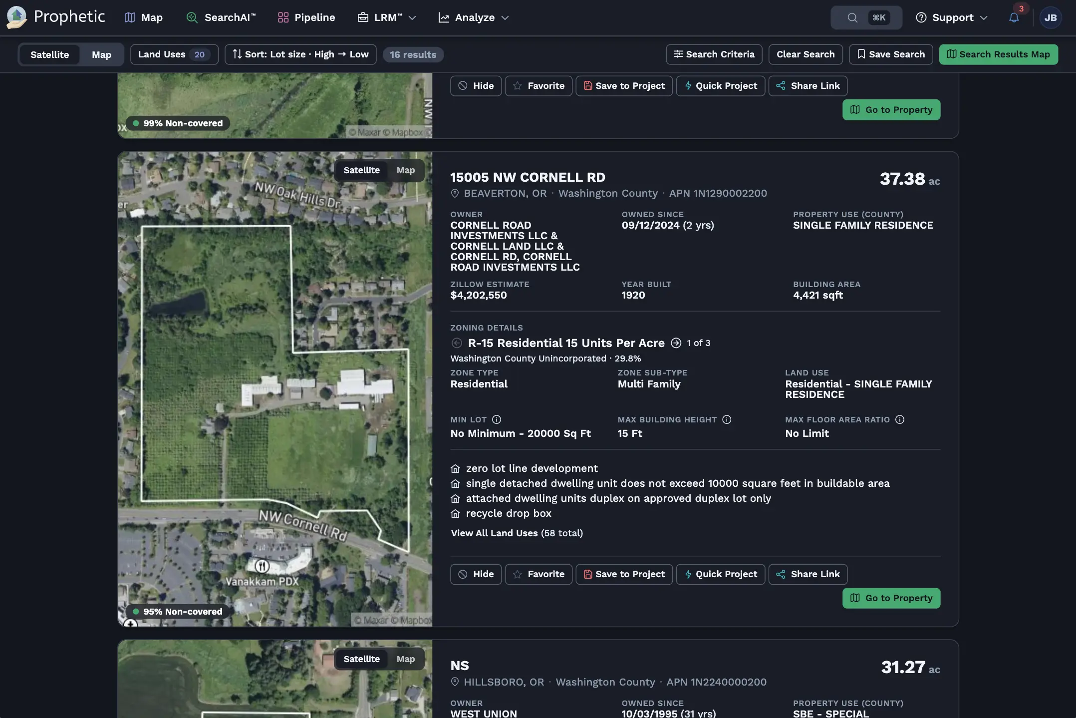 Real estate search results webpage showing six property listings with details including addresses, owner information, zoning, land use, acreage, and satellite map thumbnails.