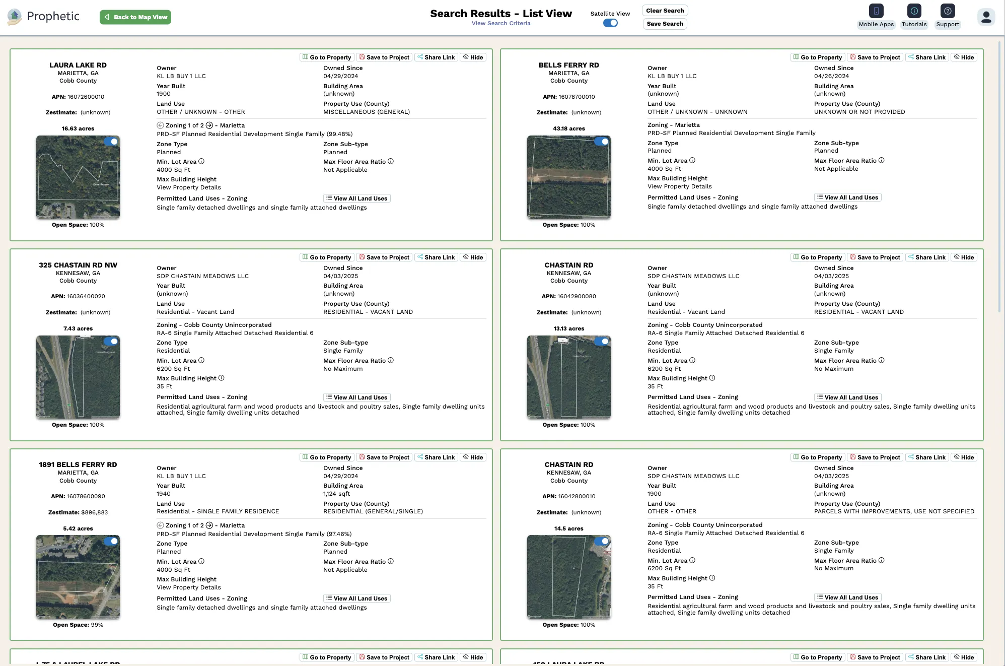 Real estate search results webpage showing six property listings with details including addresses, owner information, zoning, land use, acreage, and satellite map thumbnails.
