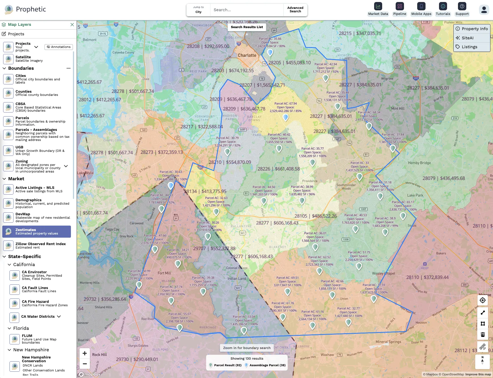 Interactive map of with color-coded neighborhoods, parcel boundaries, parcel acreage, open space data, property price estimates, and a sidebar menu for selecting map layers and project data.
