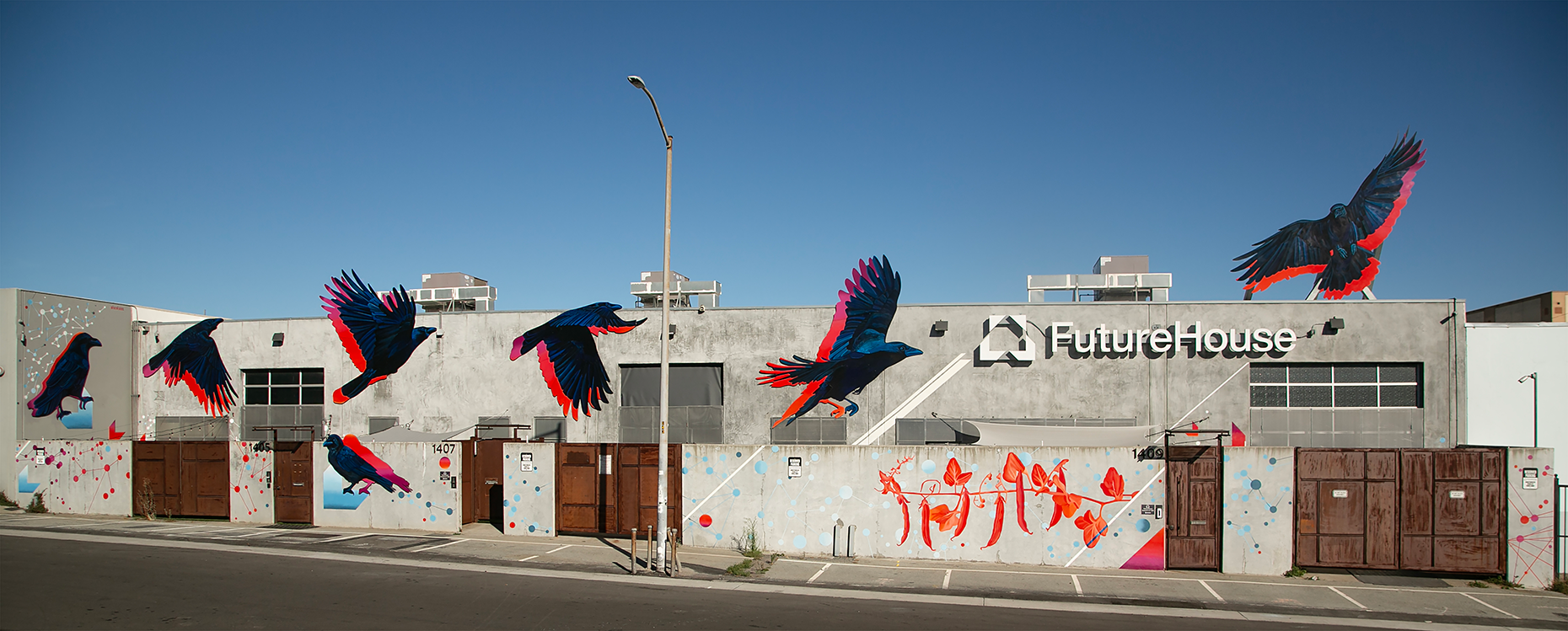 FutureHouse exterior mural by FrozenFeathers—stylized black birds with blue and red wings painted across a concrete building as part of a large-scale place-making installation.
