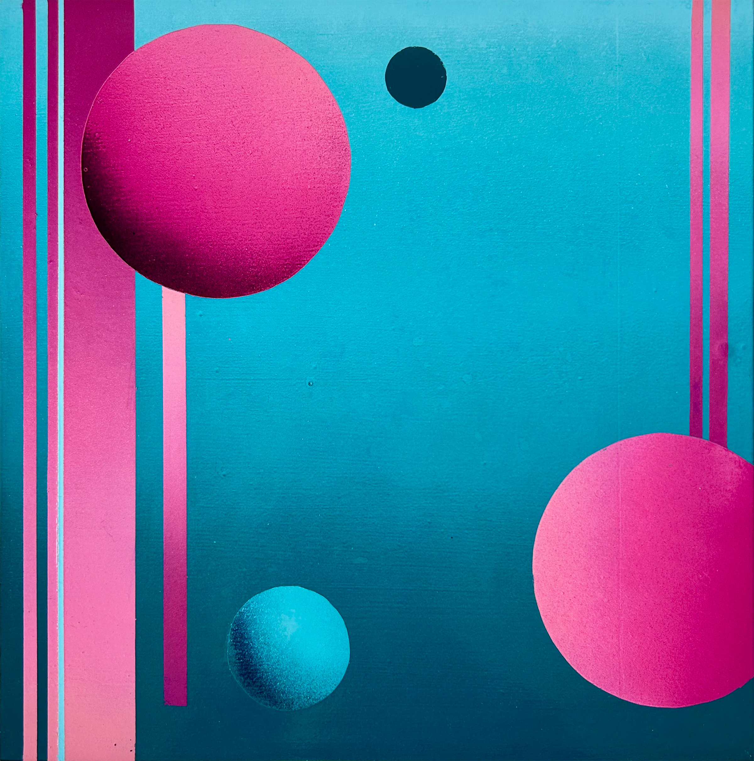 Abstract spray-paint fine art piece by FrozenFeathers with pink and blue spheres on a blue background and vertical pink stripes.