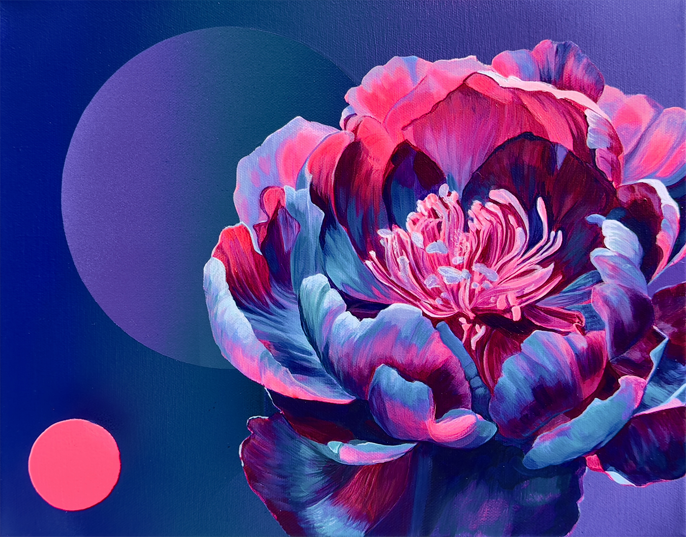 Close-up abstract flower painting by FrozenFeathers featuring pink, purple, and blue petals against a dark blue background with two glowing circles.