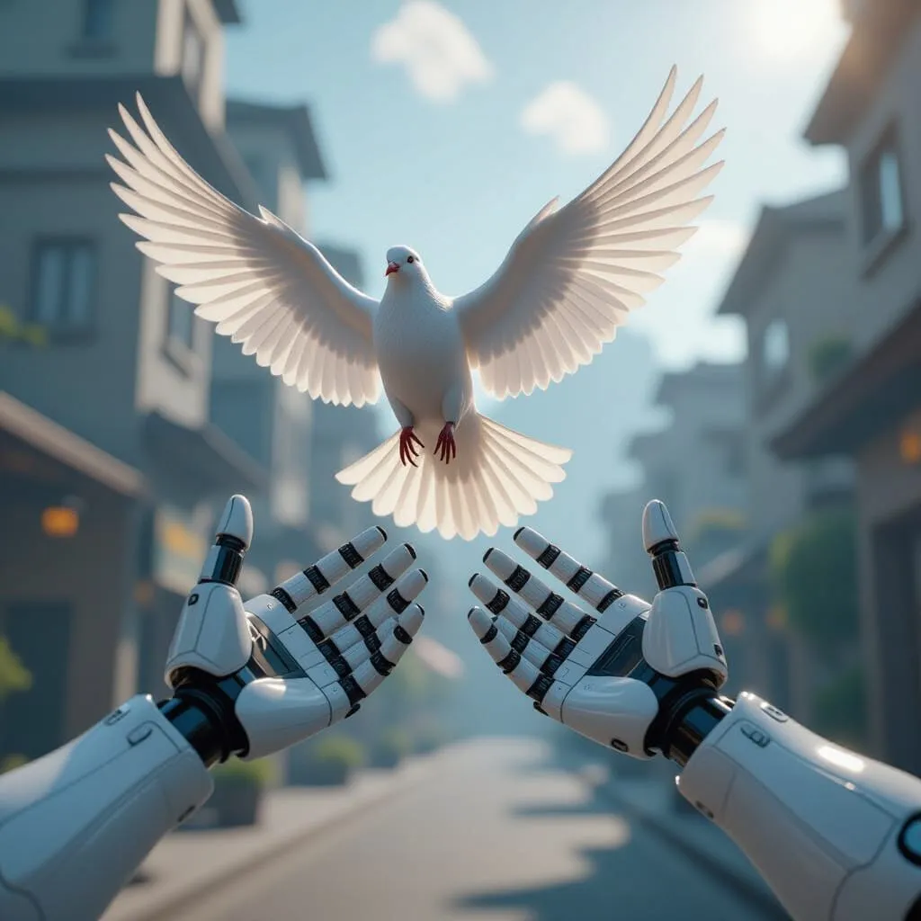 A pair of robotic hands releasing a dove into the air