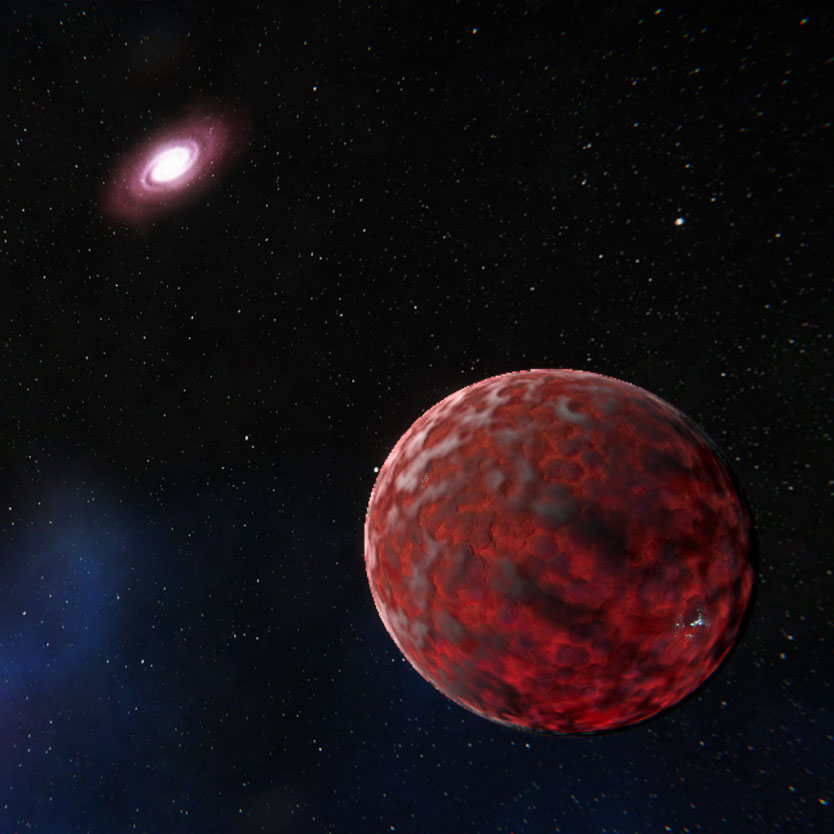 A view of a red planet from space, with a galaxy in the background