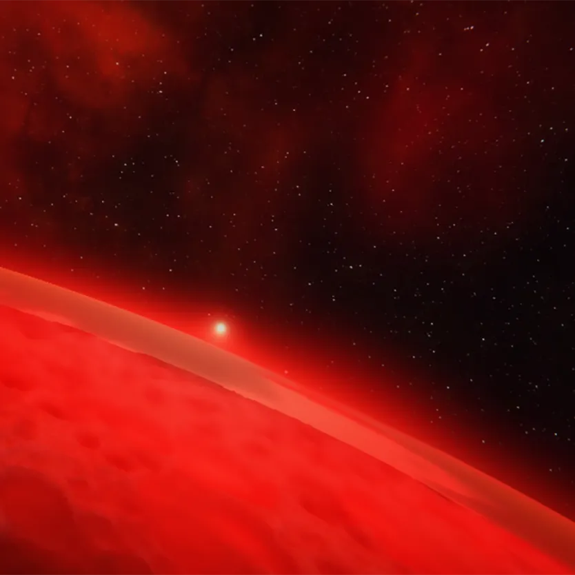 View of a star through the haze of a red planet's atmosphere