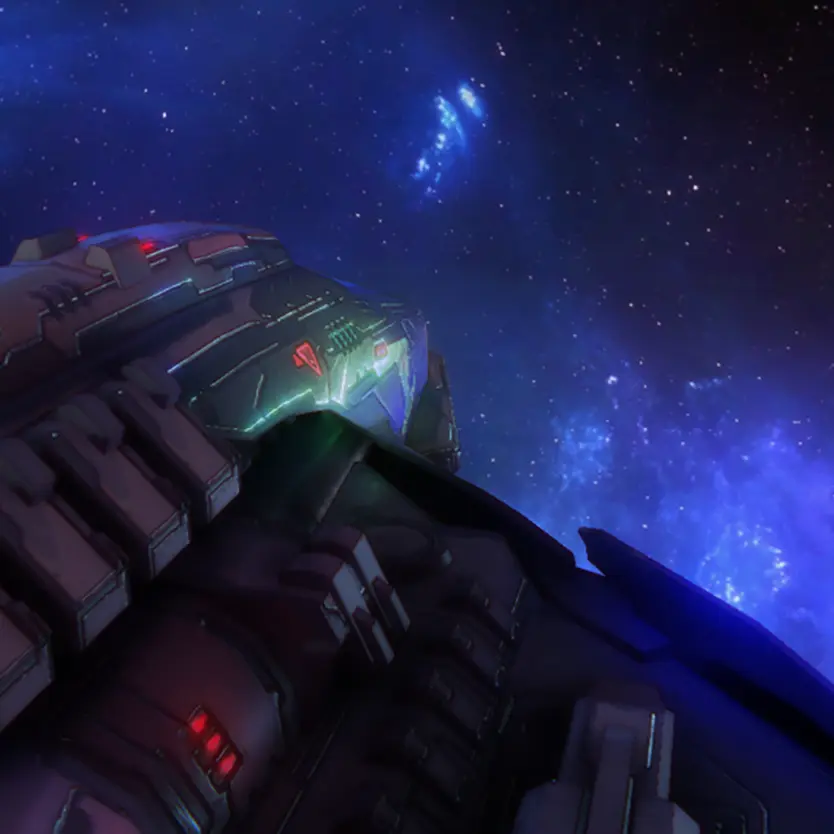Close-up view of a spaceship in a nebula