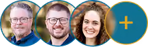 Three smiling people wearing glasses and a blue circle with a yellow plus sign.