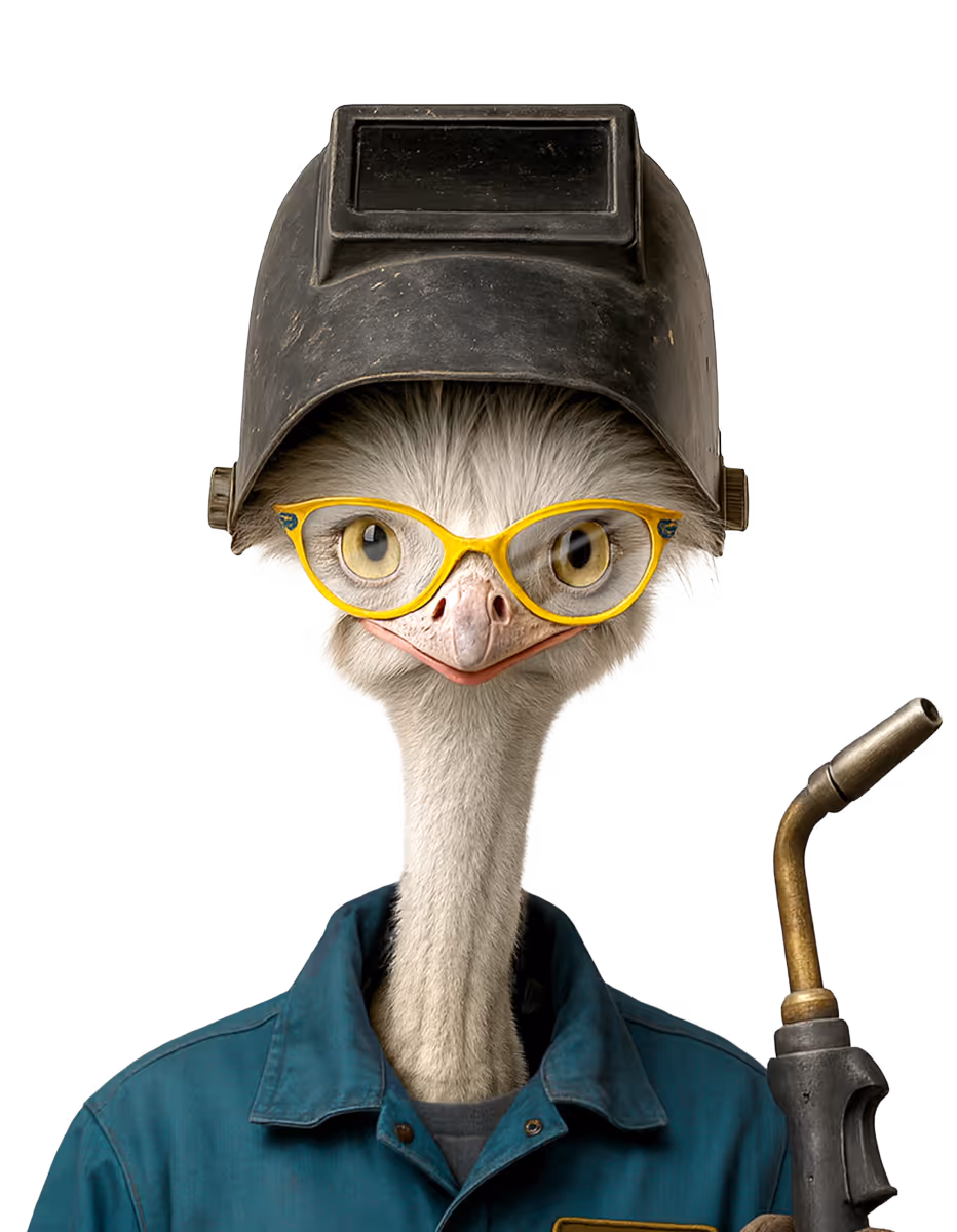 Anthropomorphic ostrich wearing yellow glasses, a welding helmet, and a blue work shirt holding a welding torch.