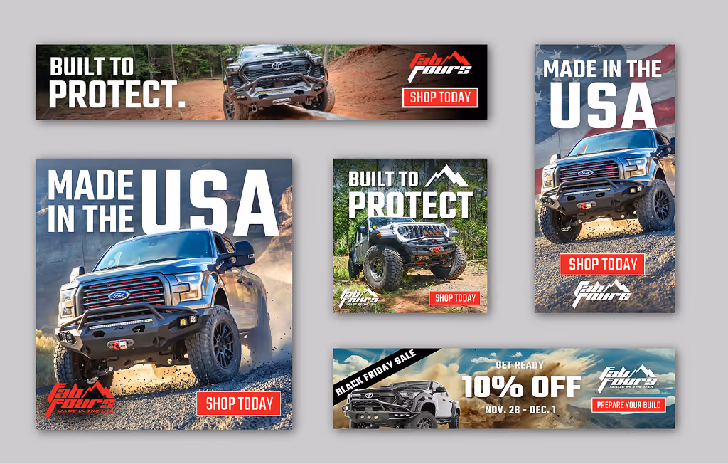 Collage of five Fab Fours vehicle advertisement banners featuring rugged trucks with off-road bumpers and protection accessories, highlighting phrases: 'Built to Protect,' 'Made in the USA,' and a Black Friday sale offering 10% off from Nov. 28 to Dec. 1, with calls to action like 'Shop Today' and 'Prepare Your Build.'