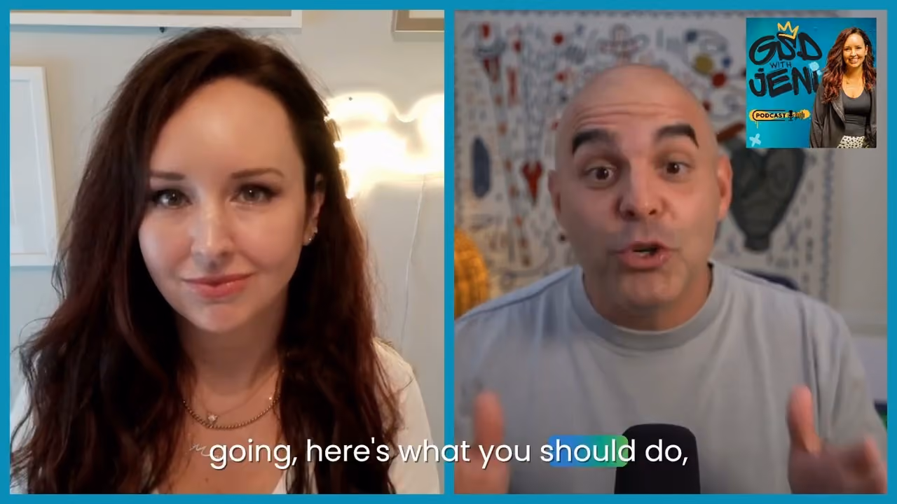 Video call screenshot showing a woman with long brown hair on the left and a bald man speaking on the right with subtitles reading 'going, here's what you should do,'.