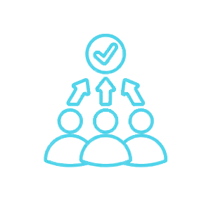 Three user icons with arrows pointing up toward a circle containing a checkmark, representing alignment or agreement.