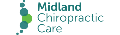 Logo for Midland Chiropractic Care featuring stylized green and blue spine dots to the left of the text.