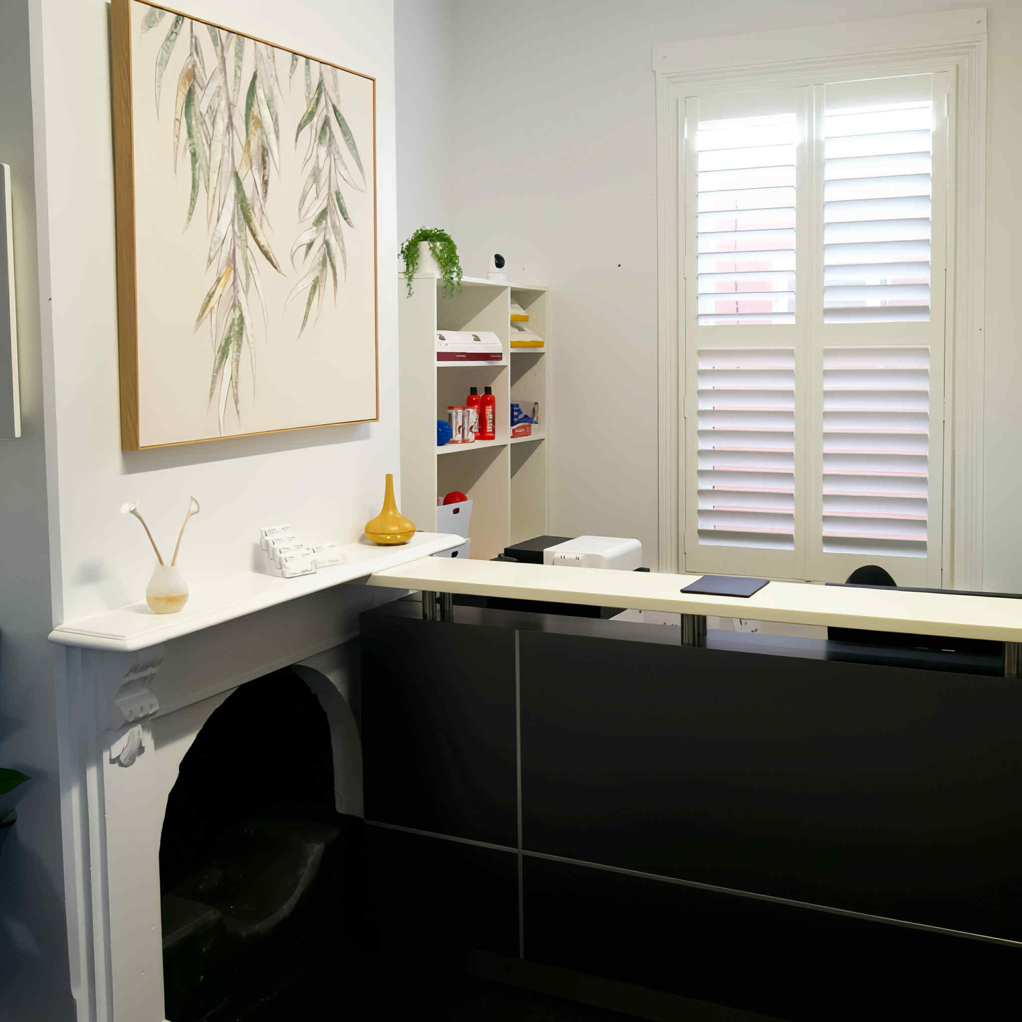 Modern office reception desk with black front, white countertop, decorative vases, a large botanical painting, and a white shelving unit near a window with closed shutters.