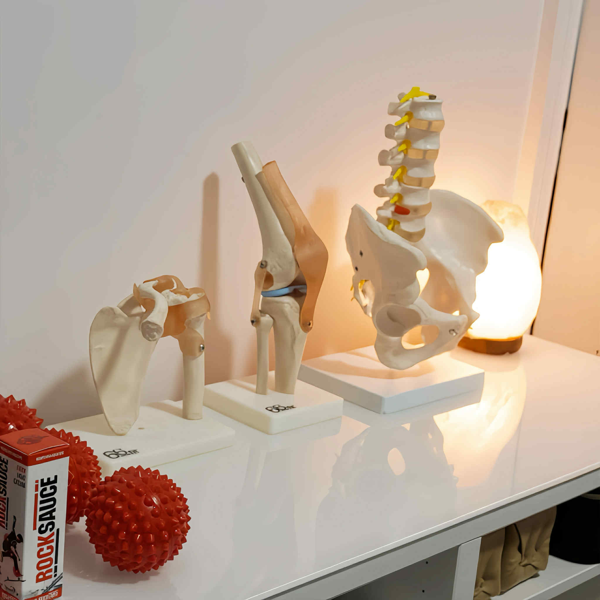 Anatomical models of a shoulder joint, a knee joint with ligaments, and a pelvis with spine on a white table next to red massage balls and a glowing lamp.