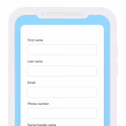 Mobile phone screen showing a form with fields for first name, last name, email, phone number, and social handle name.