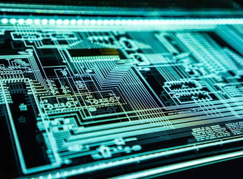 Close-up view of a glowing digital circuit board with intricate lines and components.