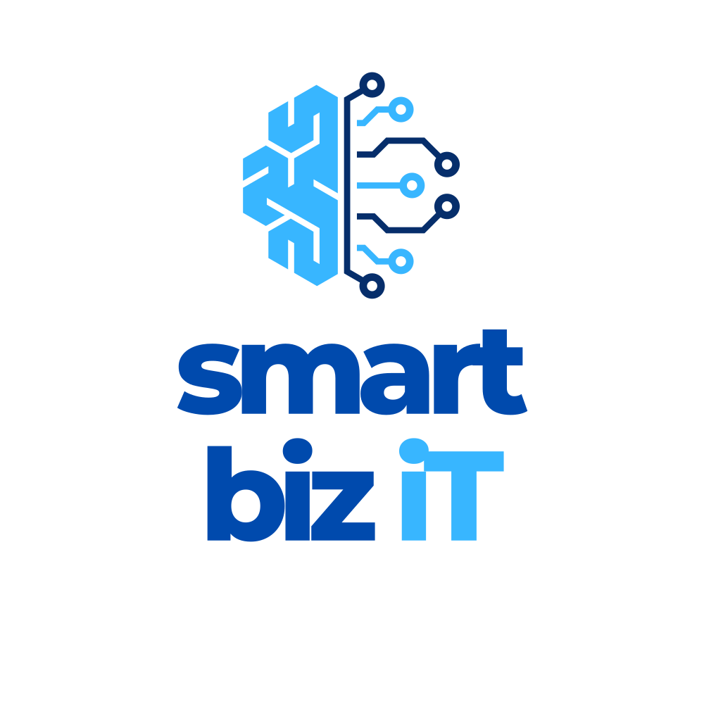 Logo showing a stylized blue brain connected to circuit lines above the text 'smart biz iT' in bold blue letters.