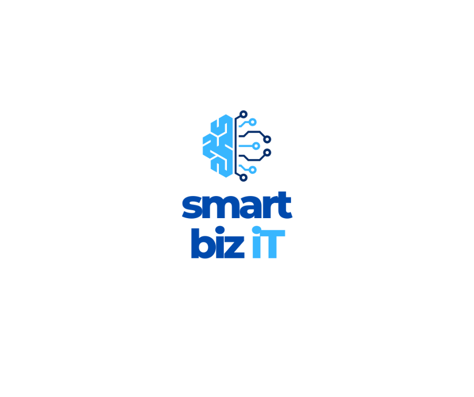 Logo with a stylized brain composed of circuit patterns and the text 'smart biz iT' beneath it in blue shades.