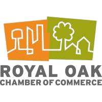 Royal Oak Chamber of Commerce logo with stylized orange and green rectangles featuring a tree, bench, and house icons.
