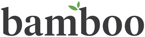 The word 'bamboo' in lowercase black letters with two small green leaves sprouting above the second 'o'.