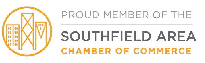 Logo with orange circle enclosing stylized buildings and text reading Proud Member of the Southfield Area Chamber of Commerce.