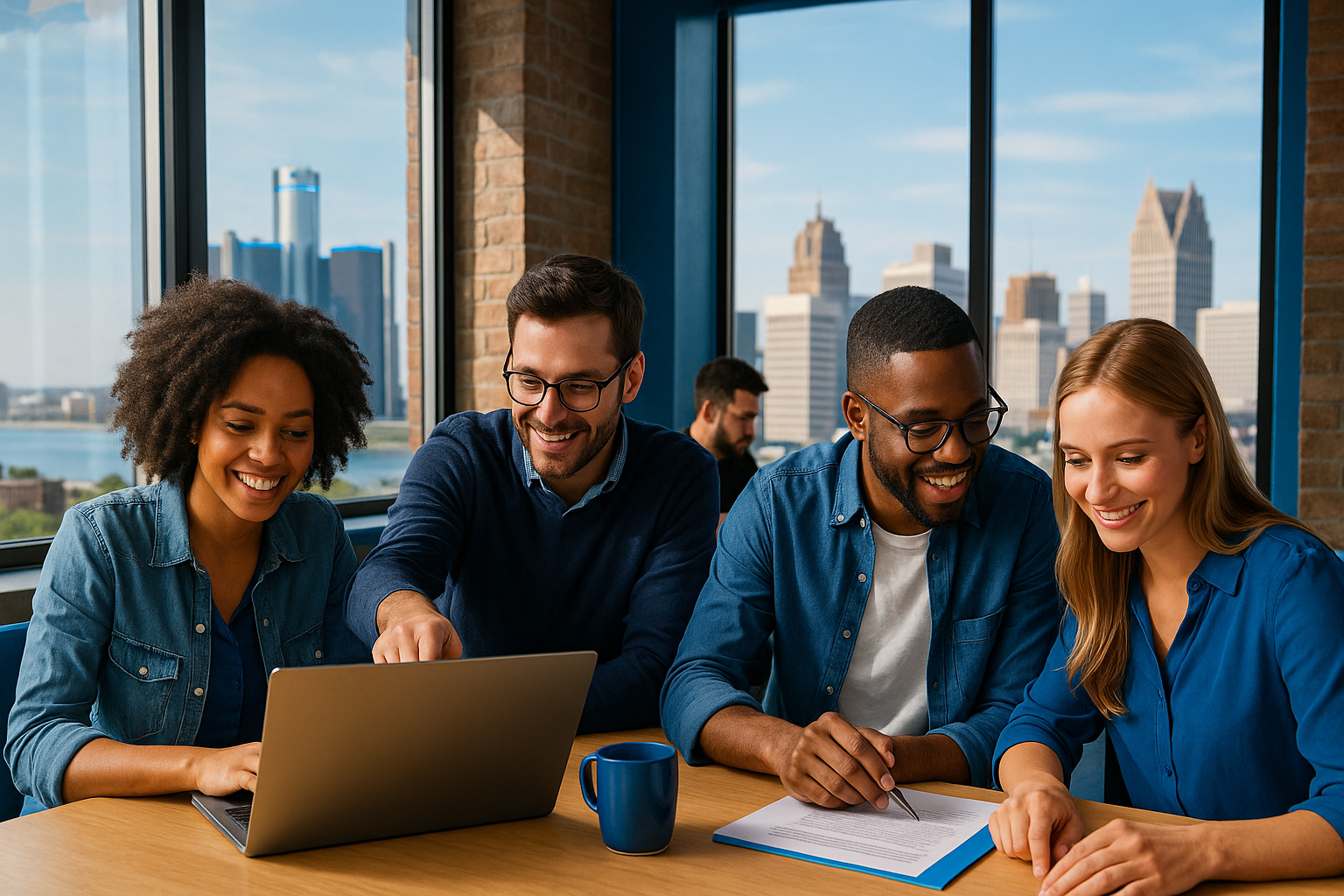 Four diverse colleagues smiling and collaborating at a table with a laptop and documents in a modern office with a city skyline visible through large windows.