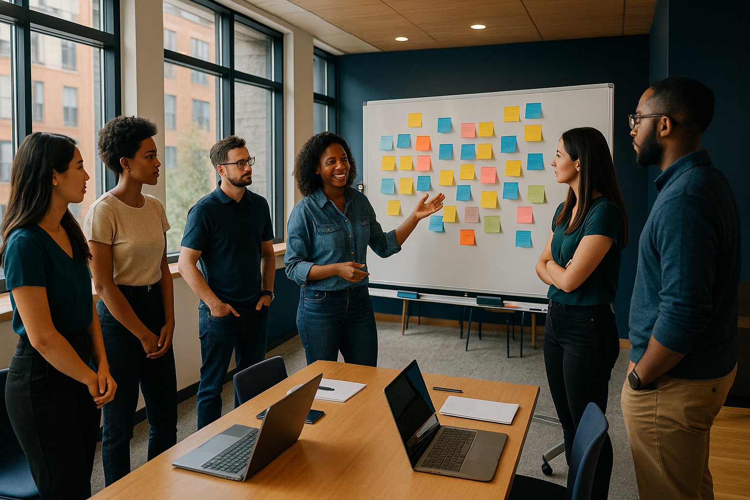 A diverse group of six colleagues standing and discussing in front of a whiteboard covered with colorful sticky notes in a bright office.